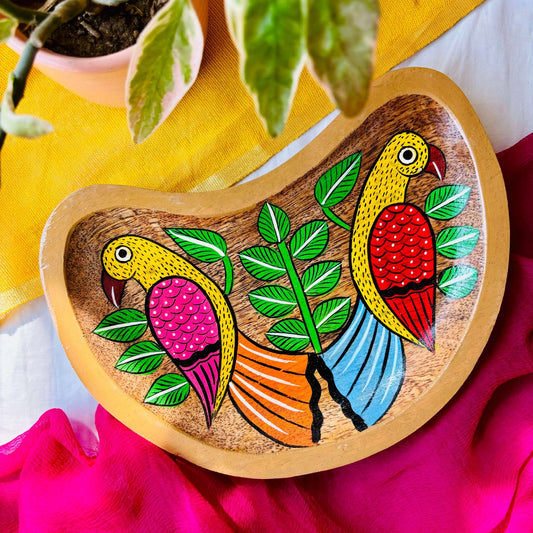 Moon-shaped wooden platter or trinket tray made from locally sourced mango wood and hand-painted with Indian folk art, Pattachitra bird couple painting by the generational Pattachitra artists of Pingla