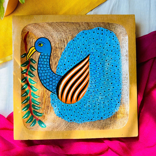 Square wood tray or trinket tray made from locally sourced mango wood and hand-painted with Indian folk art, Pattachitra peacock painting by the generational Pattachitra artists of Pingla