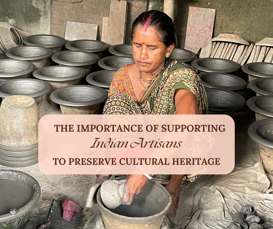 A woman making a pot out of clay with numerous terracotta clay pots  in the behind. The importance of supporting Indian artisans to preserve cultural heritage