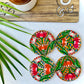 Four pure mango wood round wooden coasters, with a painting of four lotus with leaves and water in each wood coaster