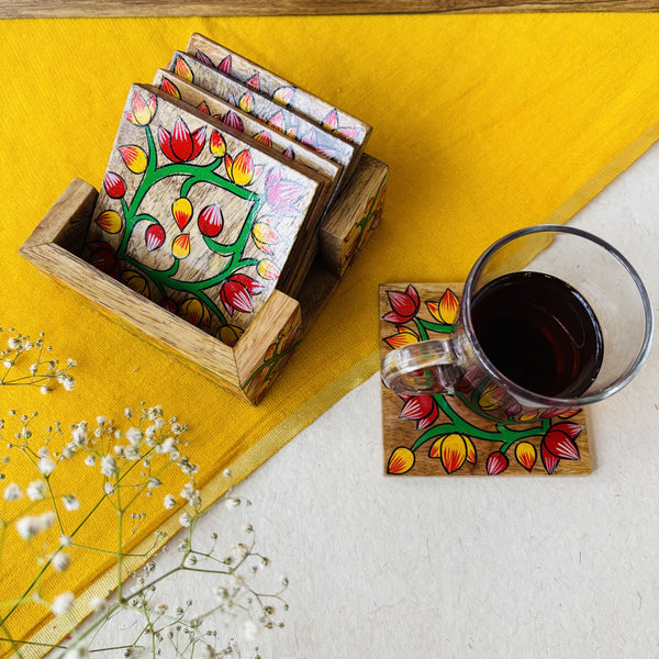Gul - Square Wooden Coaster | Set of 6 with Holder