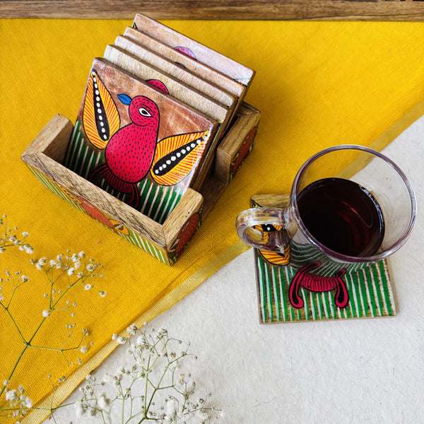 Pihu - Square Wooden Coaster | Set of 6 with Holder