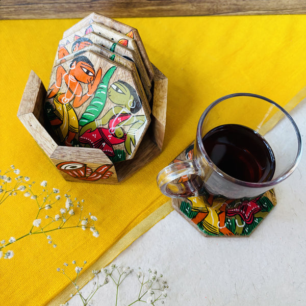 Dhvani - Hexagon Wooden Coaster | Set of 6 with Holder