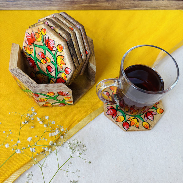 Gul - Hexagon Wooden Coaster | Set of 6 with Holder