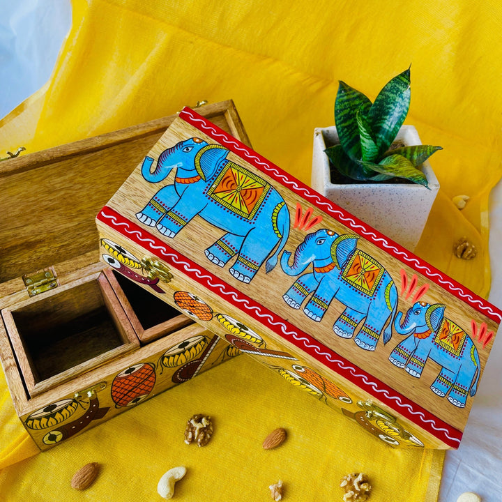 mango wood rectangle dry fruit holder with 3 compartment hand painted with pattachitra painting