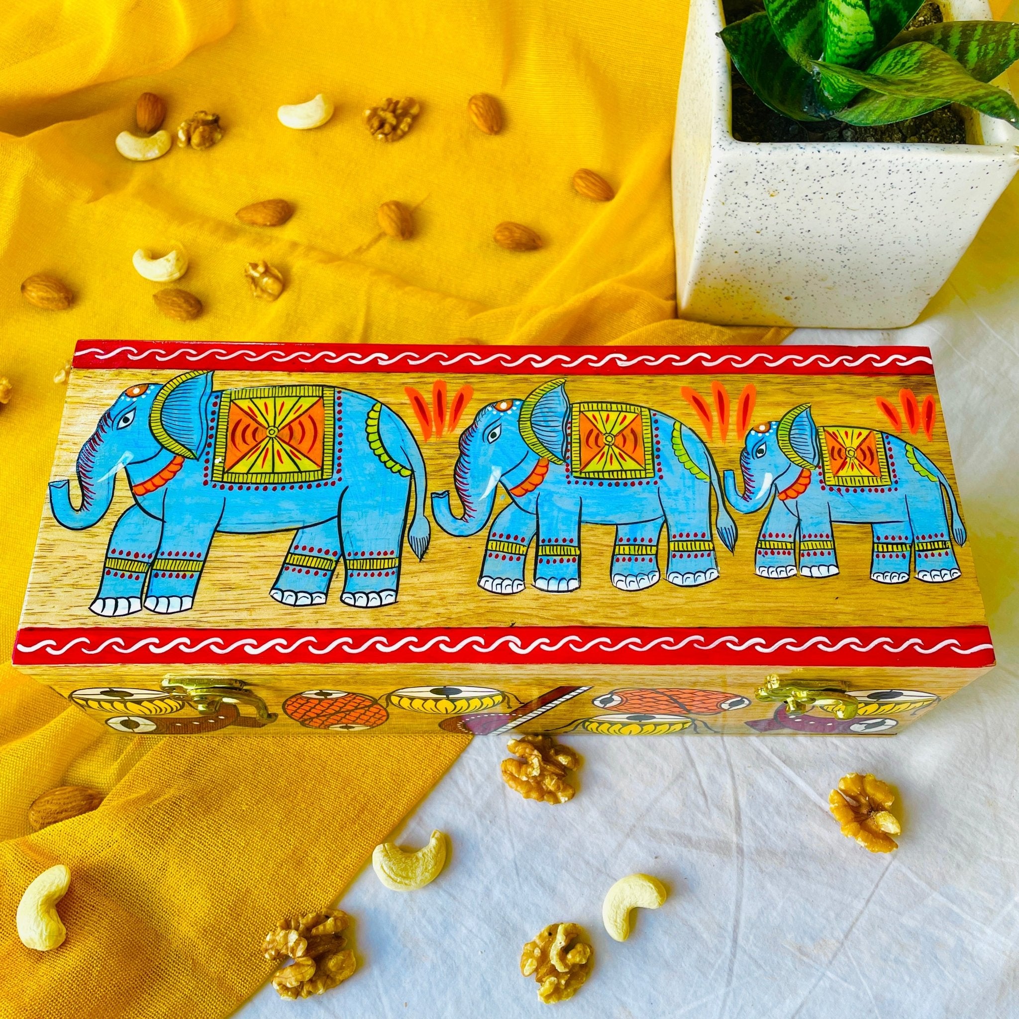 mango wood rectangle dry fruit holder with 3 compartment hand painted with pattachitra elephant painting