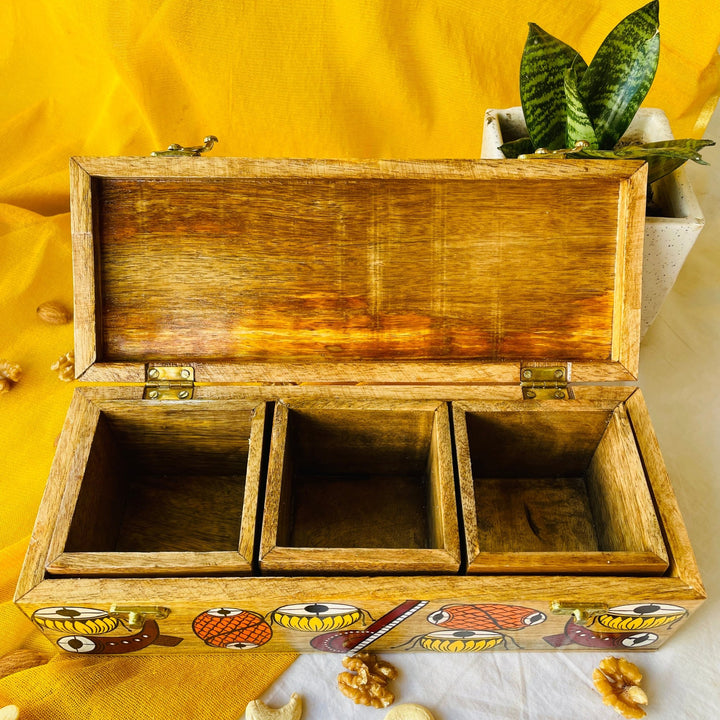 mango wood rectangle dry fruit holder with 3 compartment hand painted with pattachitra painting