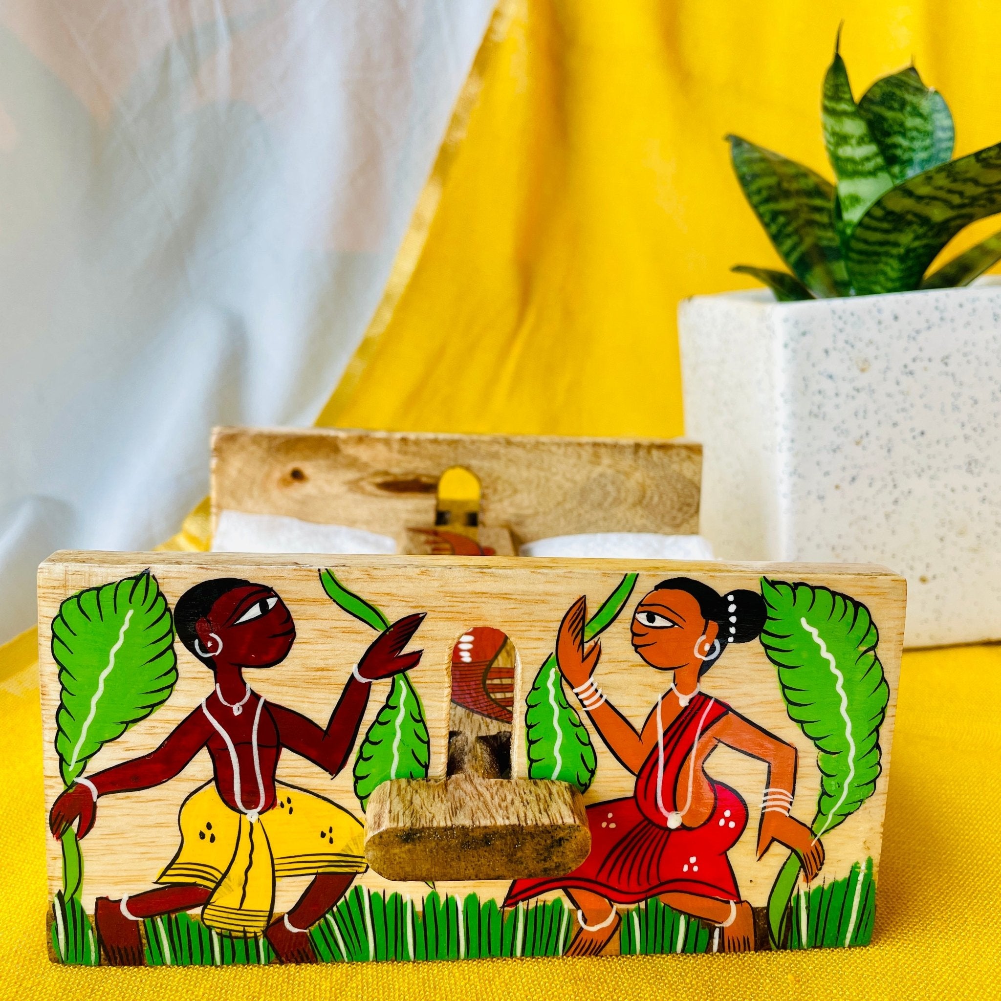 mango wood rectangle napkin and tissue holder hand painted with pattachitra tribal painting