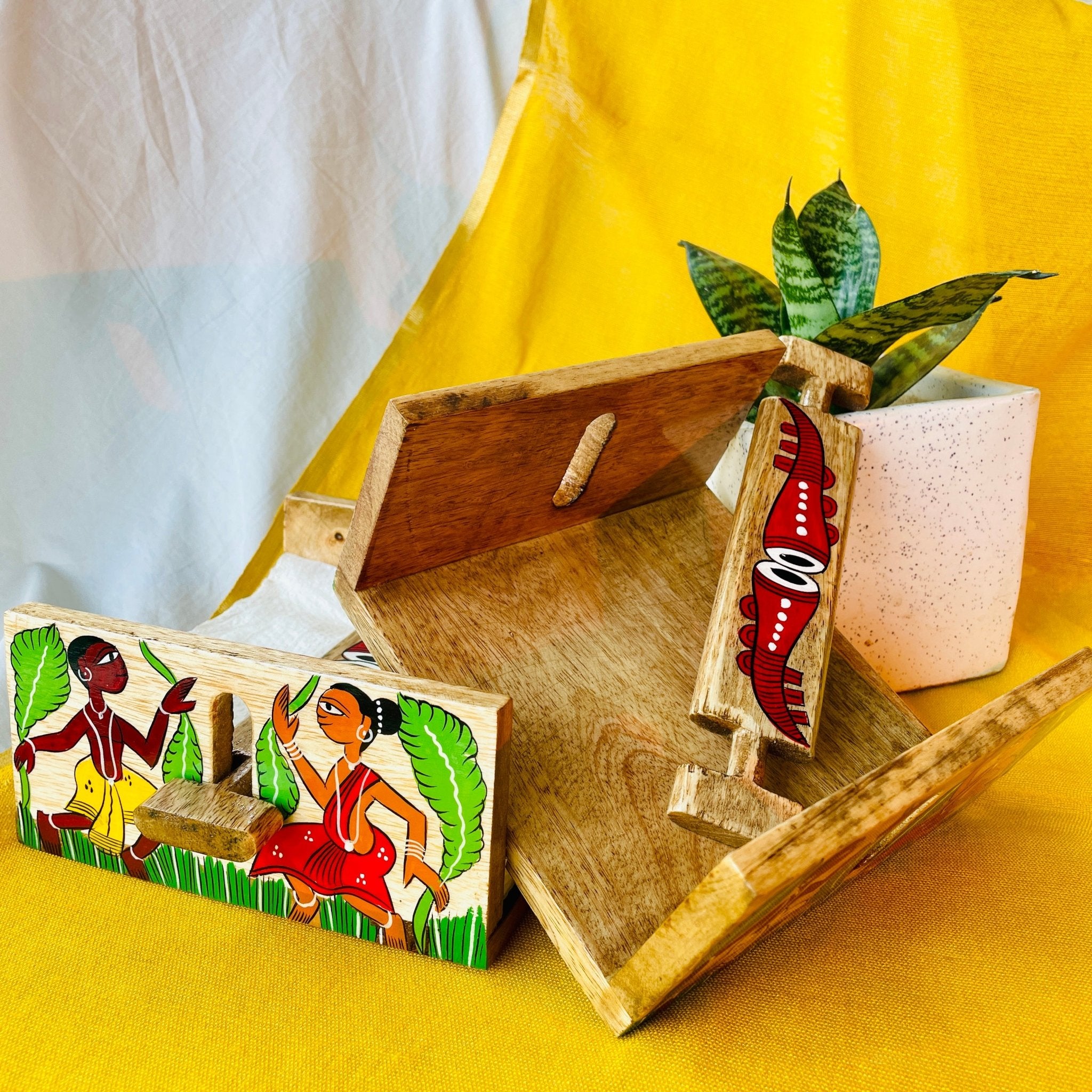 mango wood rectangle napkin and tissue holder hand painted with pattachitra tribal painting