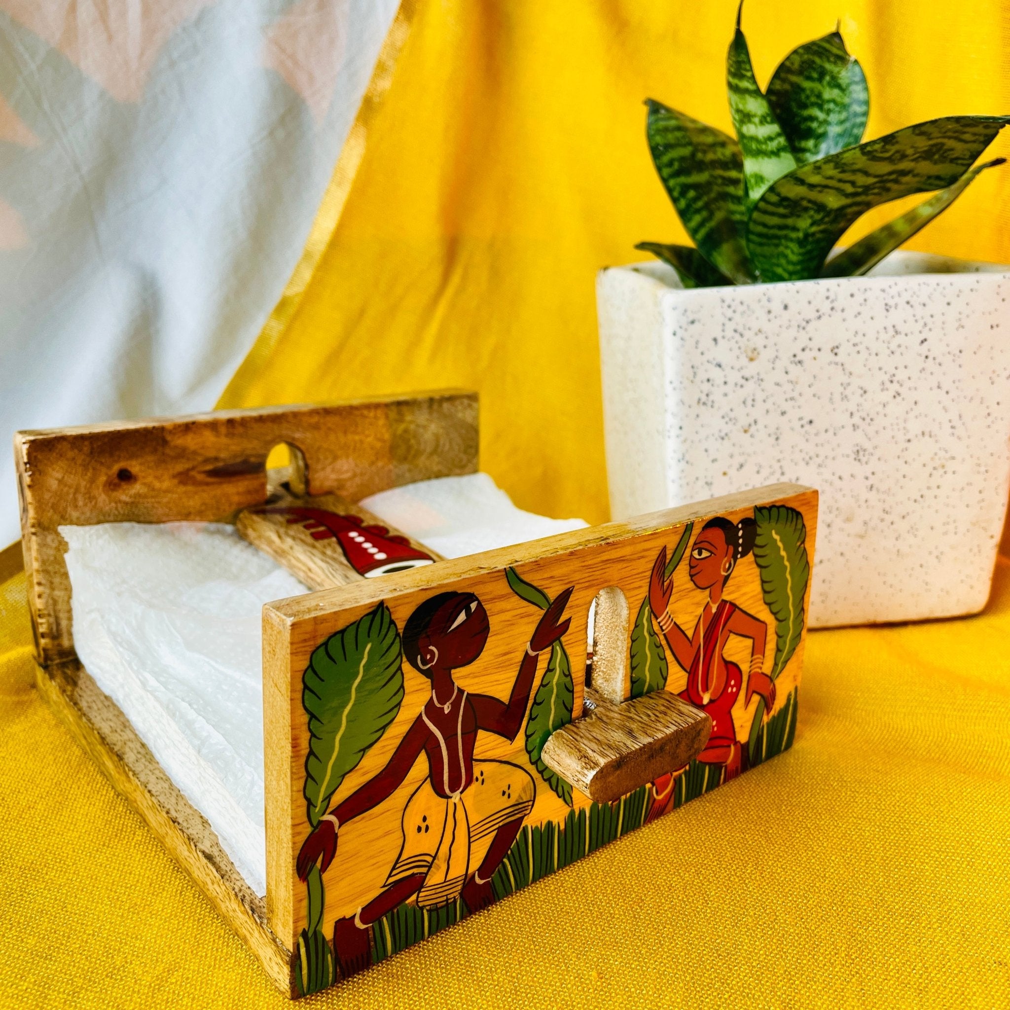 mango wood rectangle napkin and tissue holder hand painted with pattachitra tribal painting