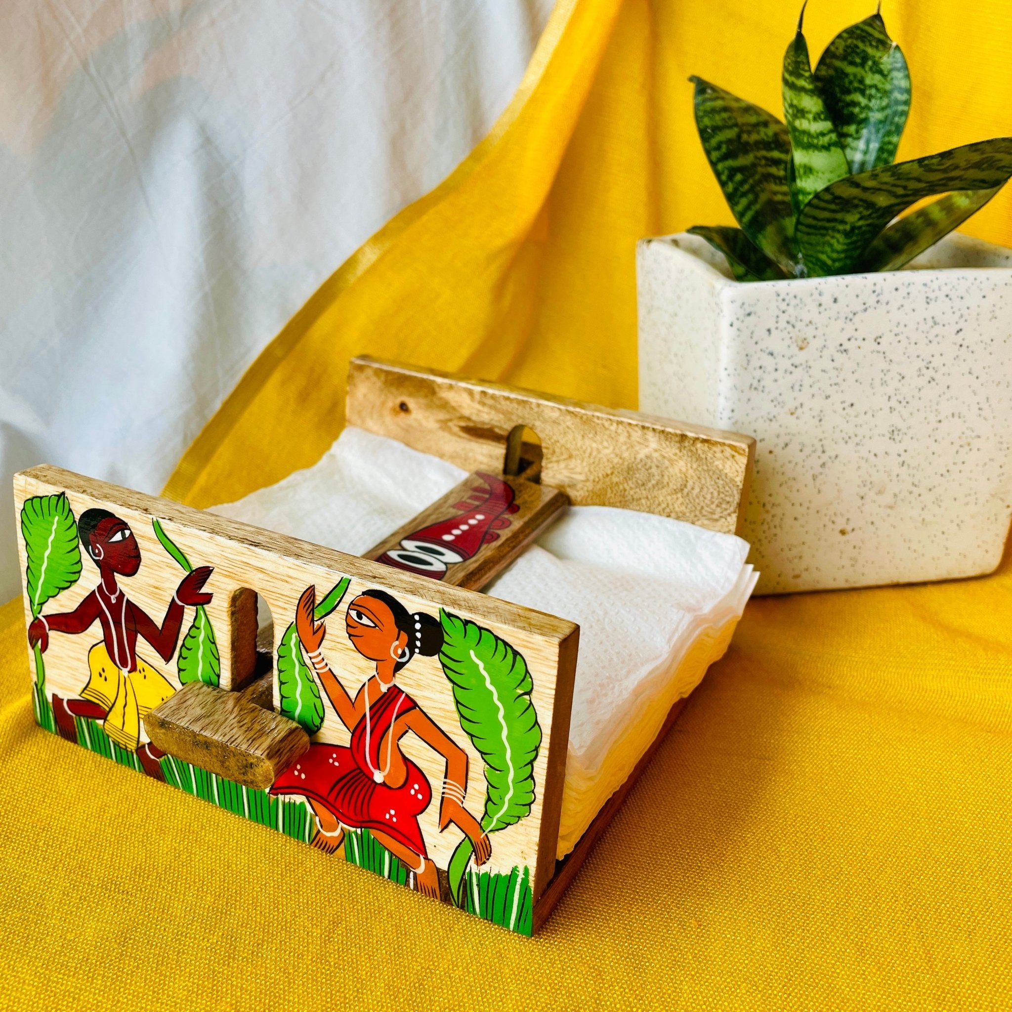 mango wood rectangle napkin and tissue holder hand painted with pattachitra tribal painting