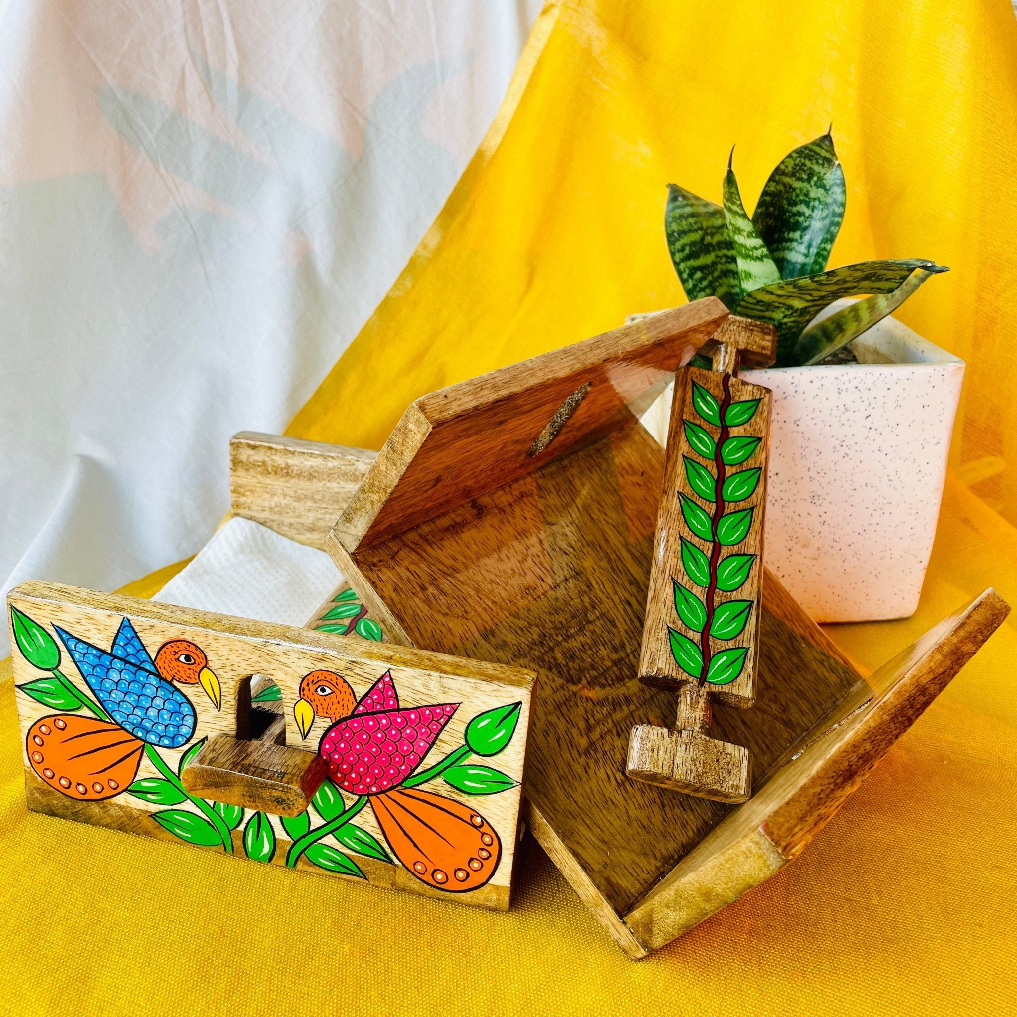 mango wood rectangle napkin and tissue holder hand painted with pattachitra bird painting