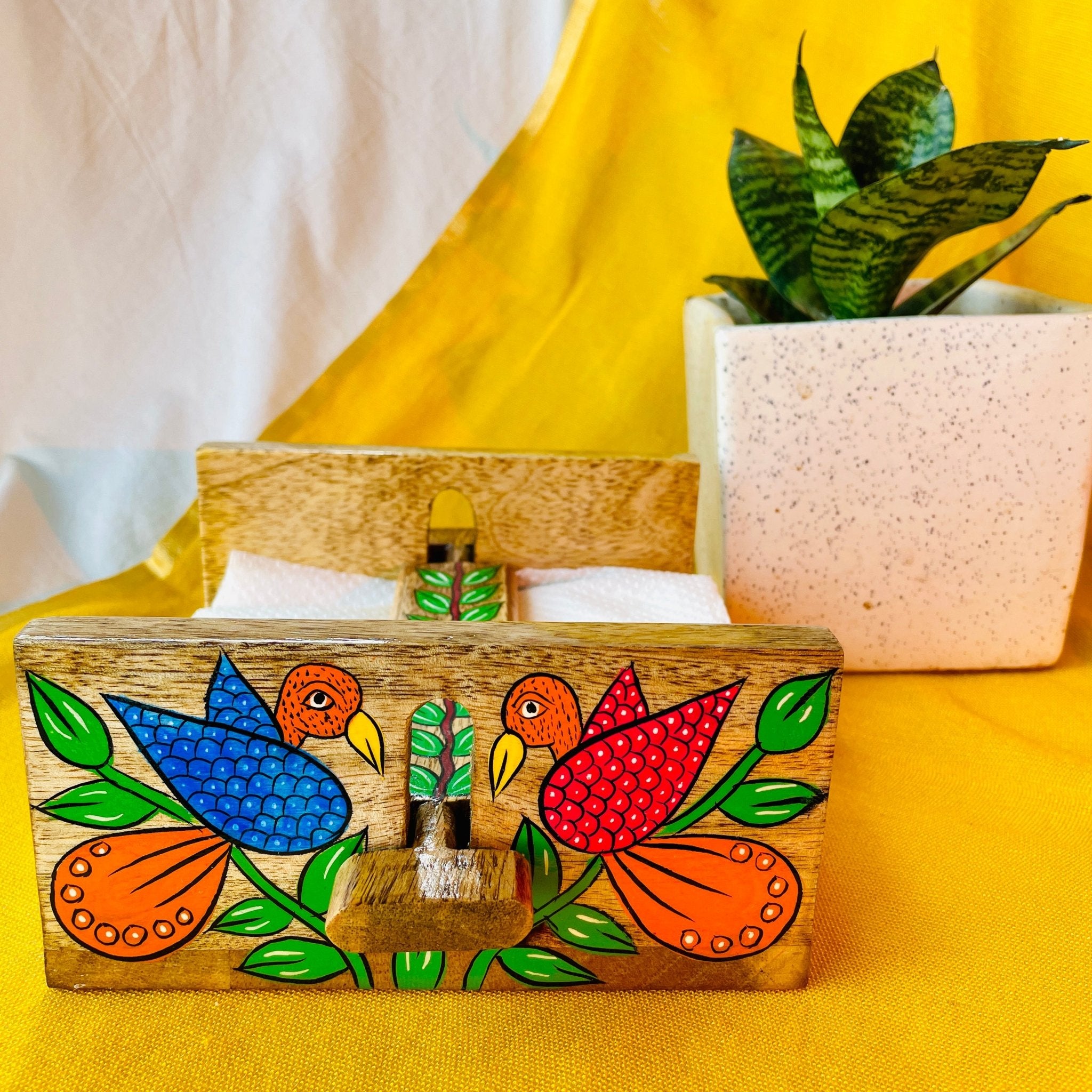 mango wood rectangle napkin and tissue holder hand painted with pattachitra bird painting