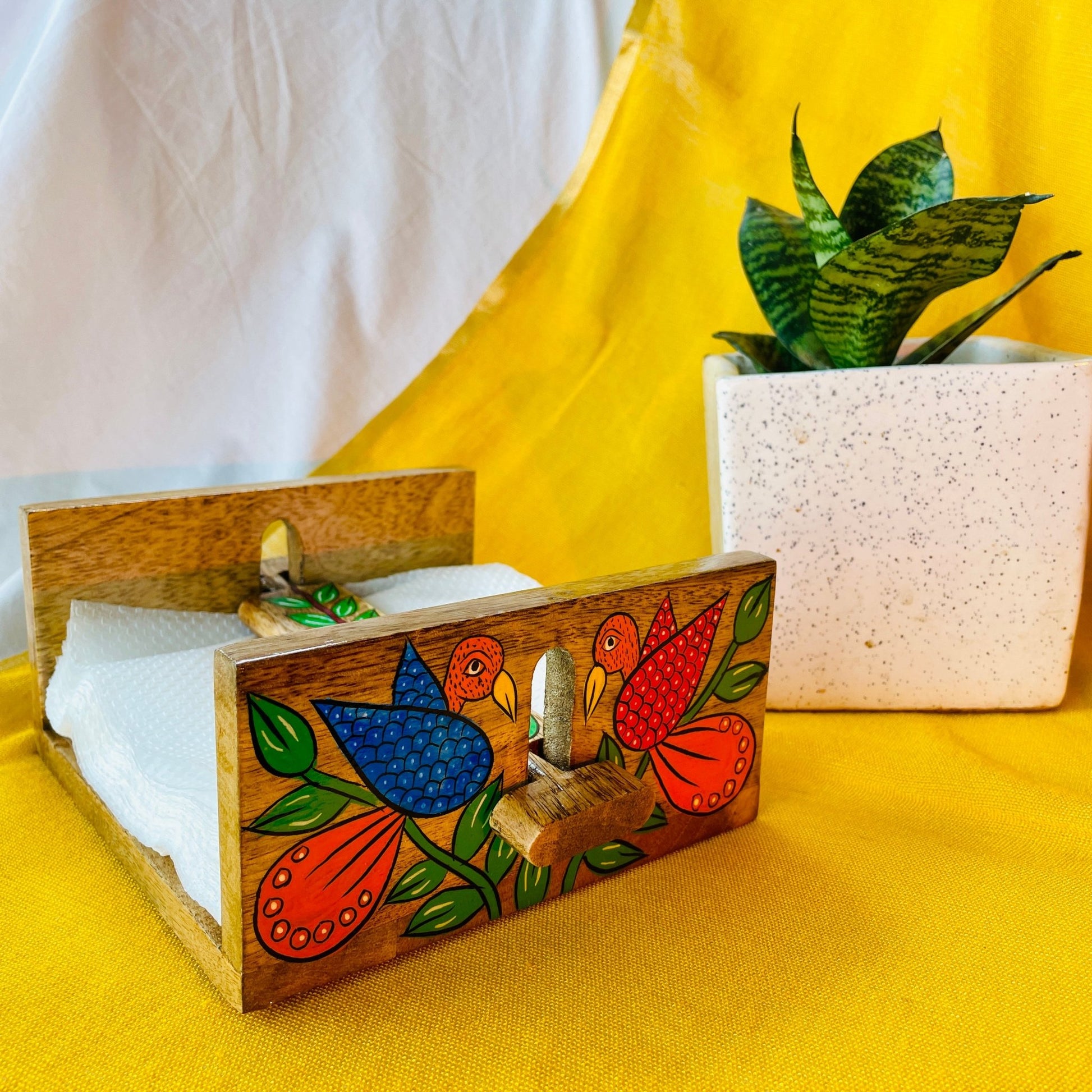 mango wood rectangle napkin and tissue holder hand painted with pattachitra bird painting