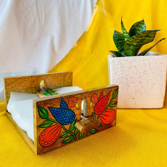 mango wood rectangle napkin and tissue holder hand painted with pattachitra bird painting