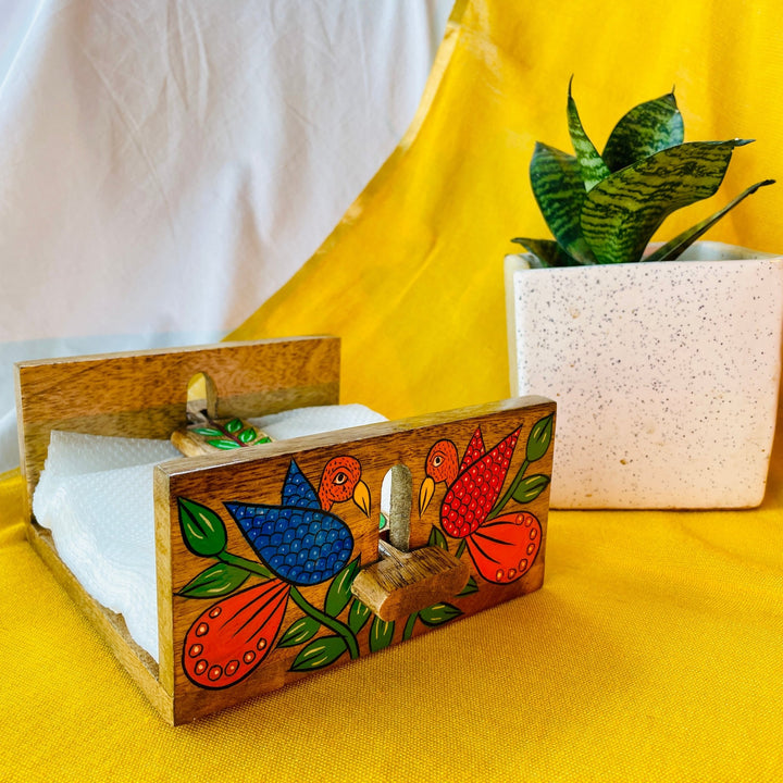 mango wood rectangle napkin and tissue holder hand painted with pattachitra bird painting
