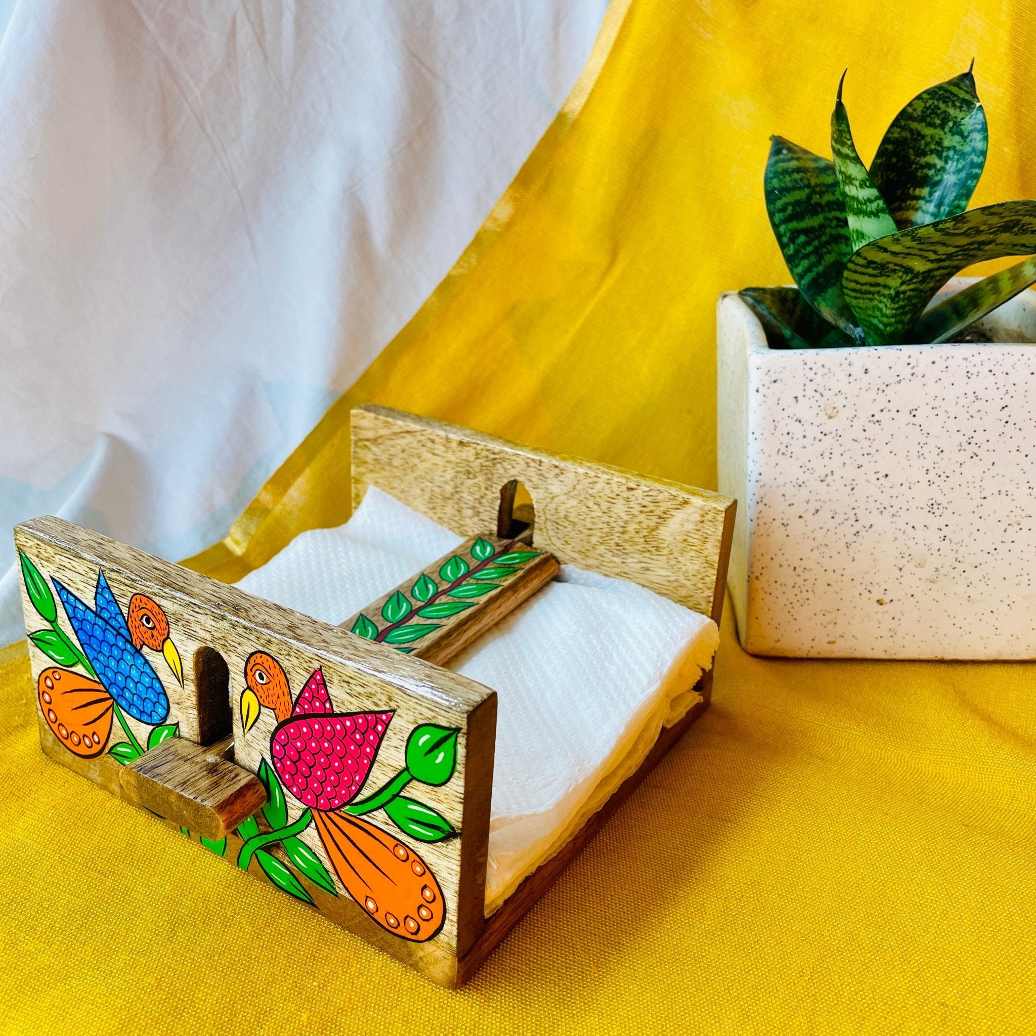 mango wood rectangle napkin and tissue holder hand painted with pattachitra bird painting