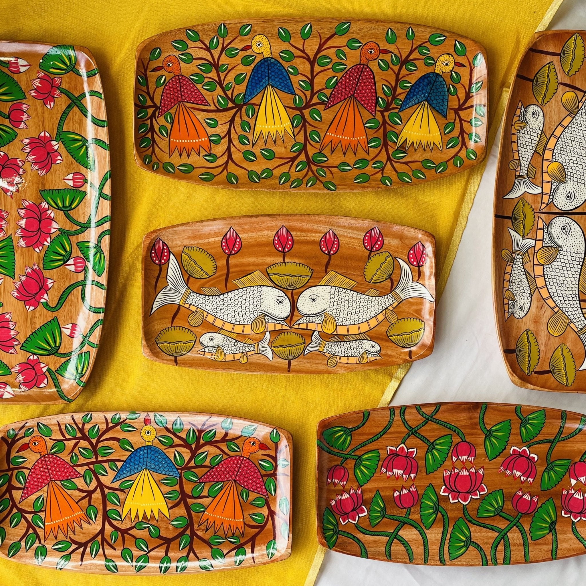 rectangular wooden trays hand painted with flower, fish and bird paintings