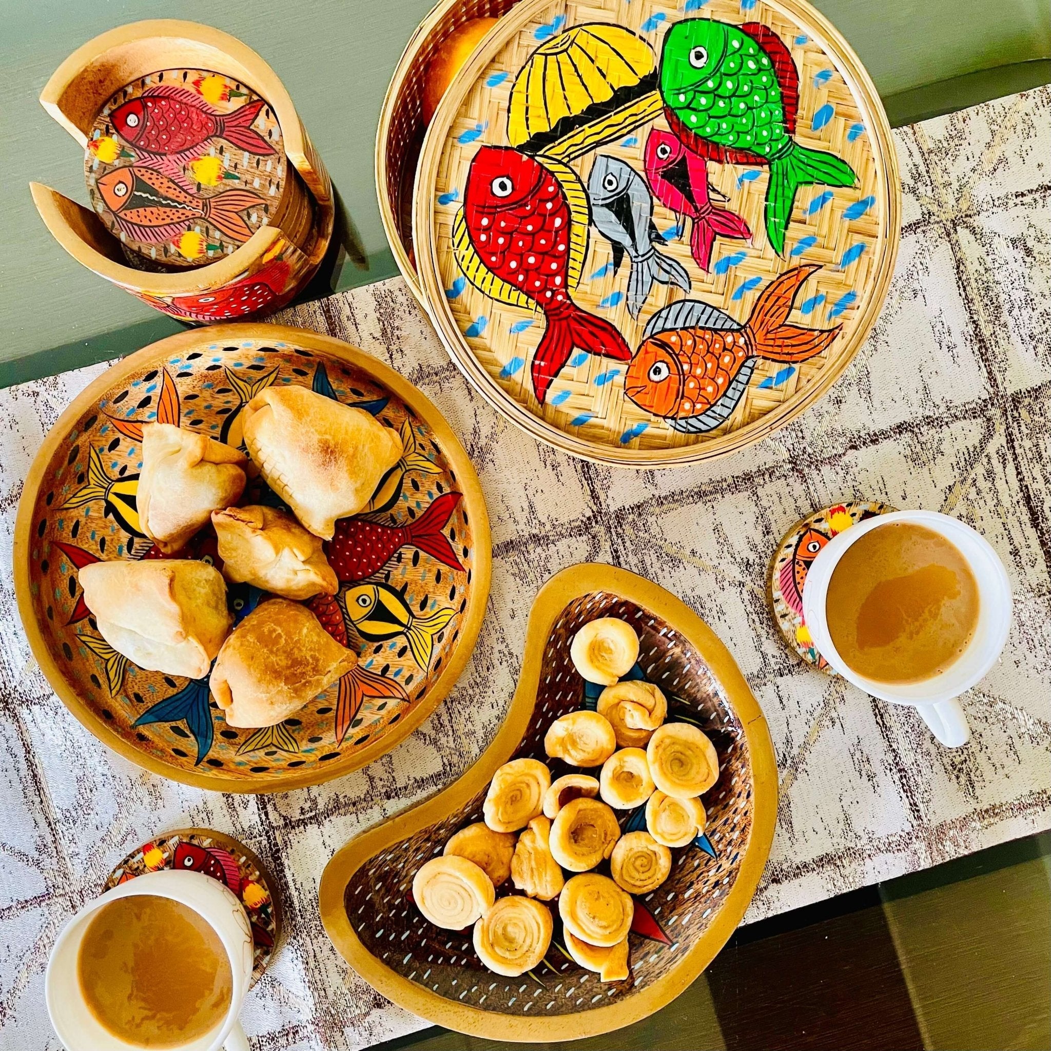 Leher Hamper 7 | Round Wooden Platter X Moon-Shaped Wooden Platter X Bamboo Utility Box X Round Wooden Coaster Set of 6