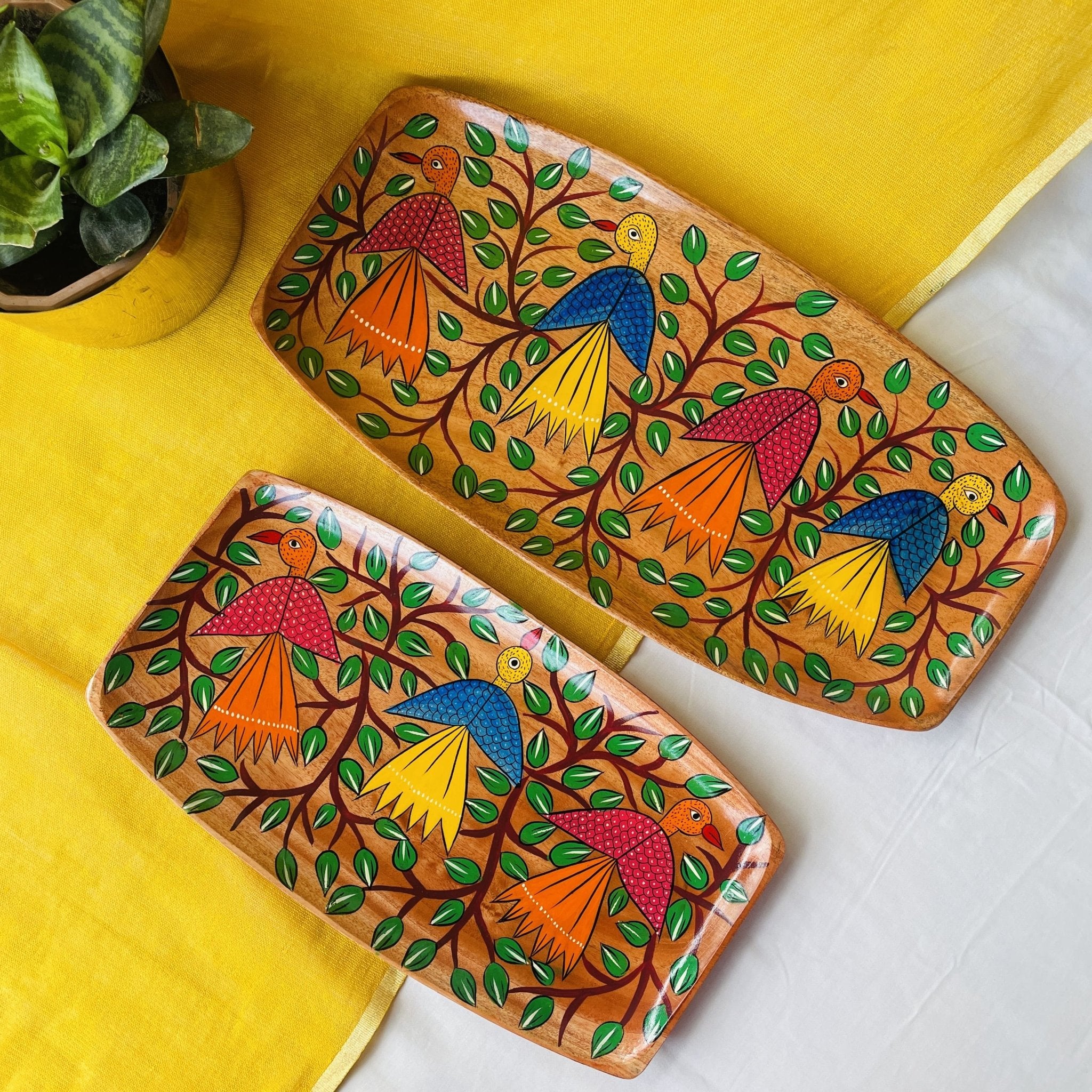 rectangular wooden trays hand painted with bird paintings