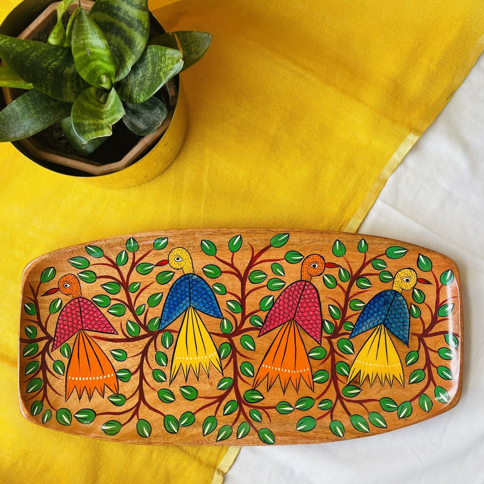 rectangular wooden tray hand painted with four bird paintings