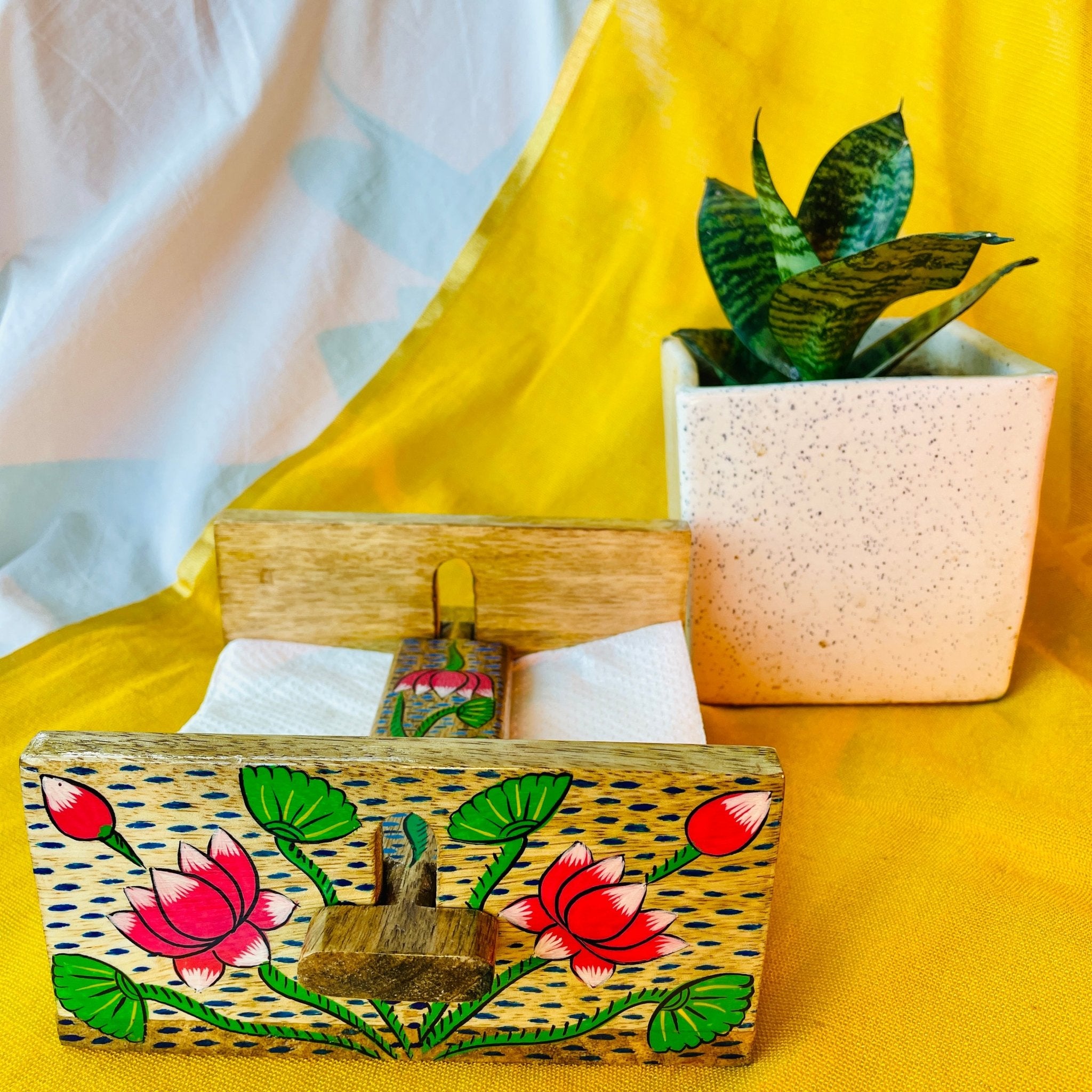 mango wood rectangle napkin and tissue holder hand painted with pattachitra lotus flower painting