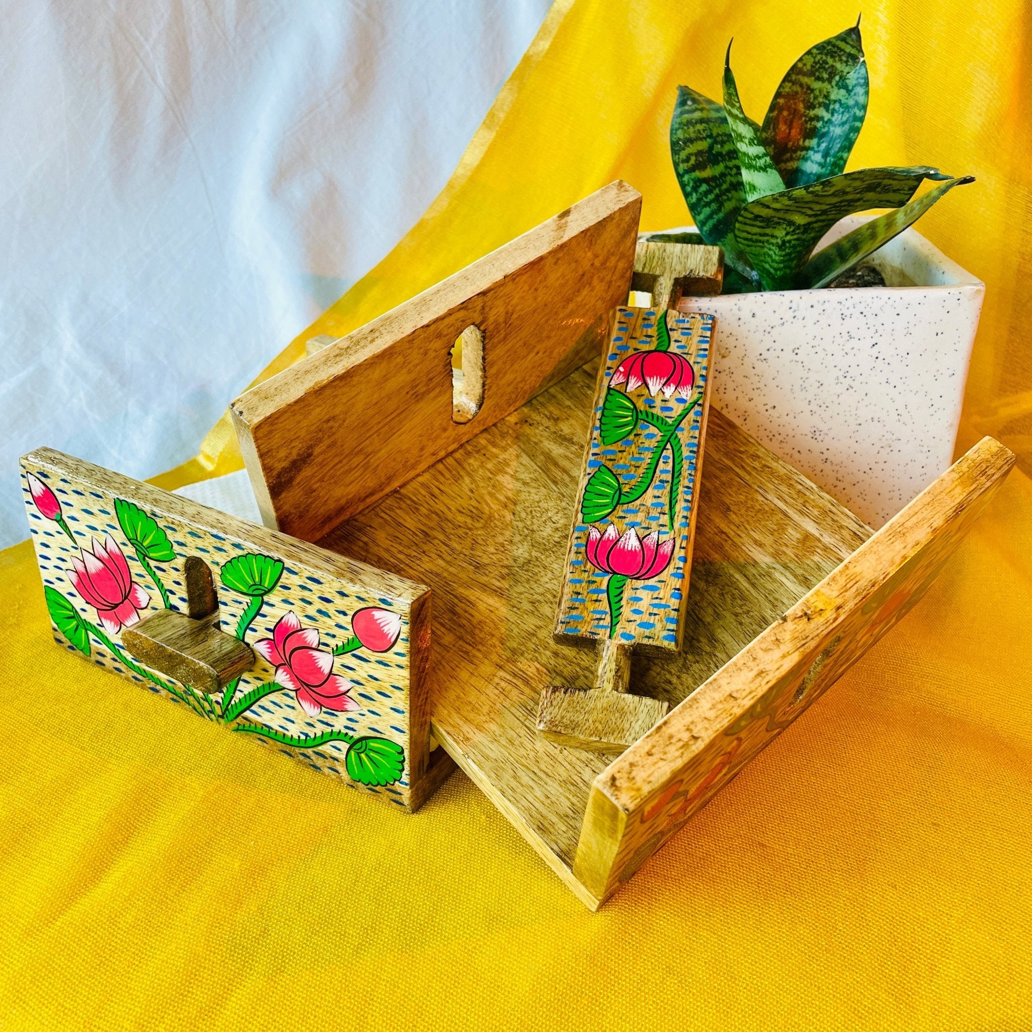 mango wood rectangle napkin and tissue holder hand painted with pattachitra lotus flower painting