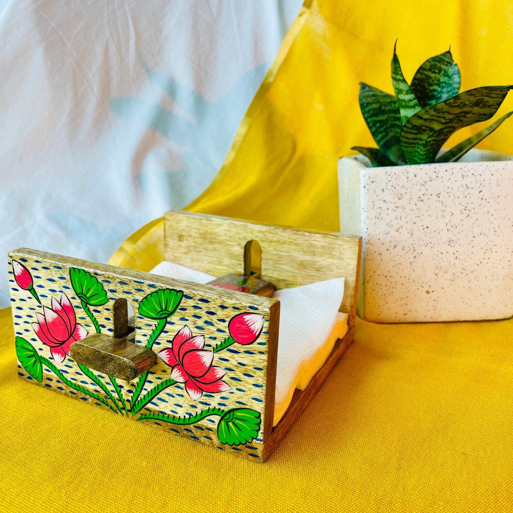 mango wood rectangle napkin and tissue holder hand painted with pattachitra lotus flower painting