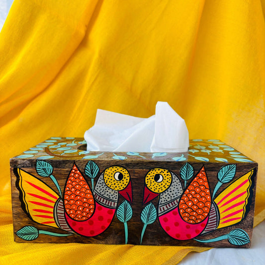 White tissue paper in a handcrafted pure mango wood 9” x 5” x 3” wood tissue box, hand painted with two birds motif by the generational pattachitra artists