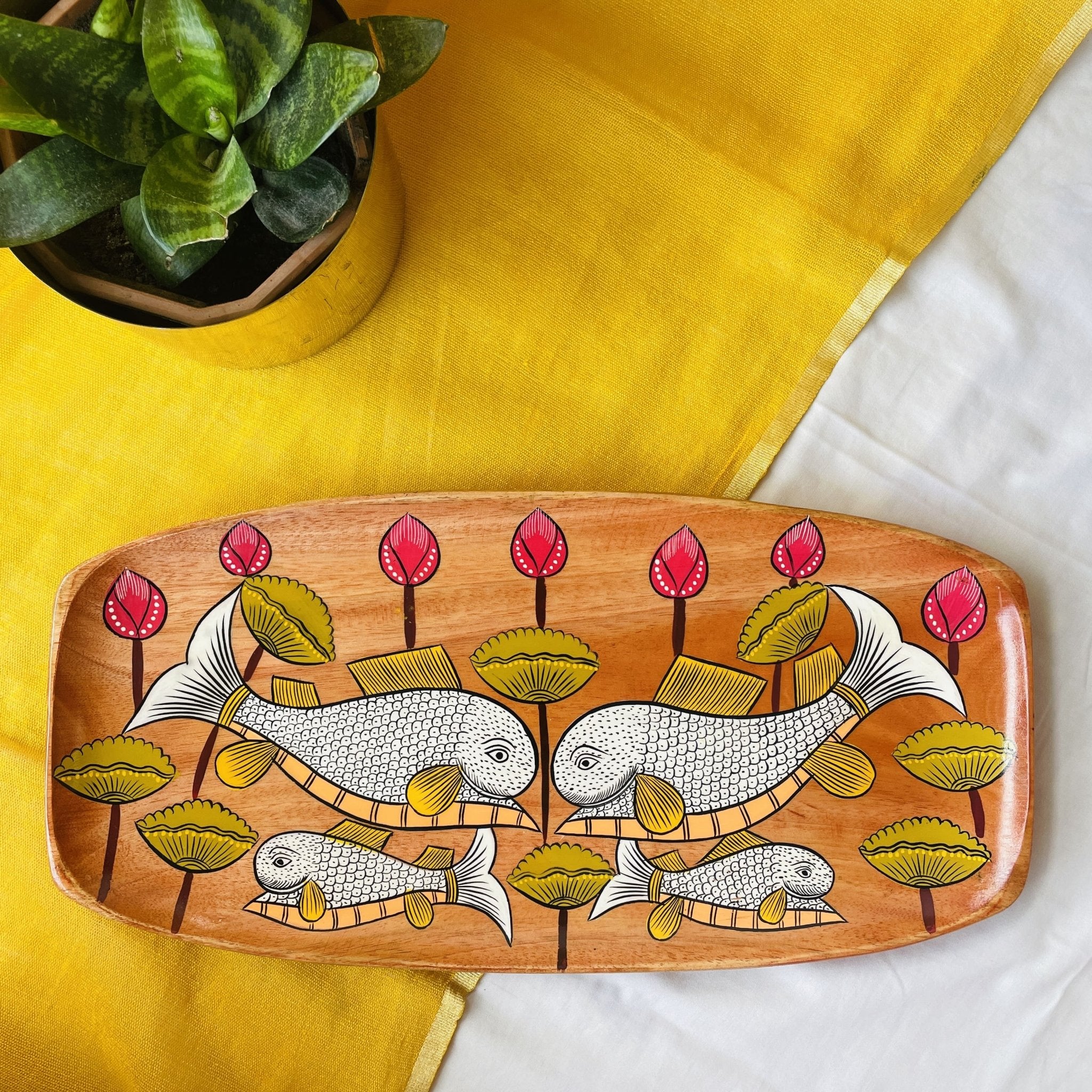 rectangular wooden trays hand painted with fish painting