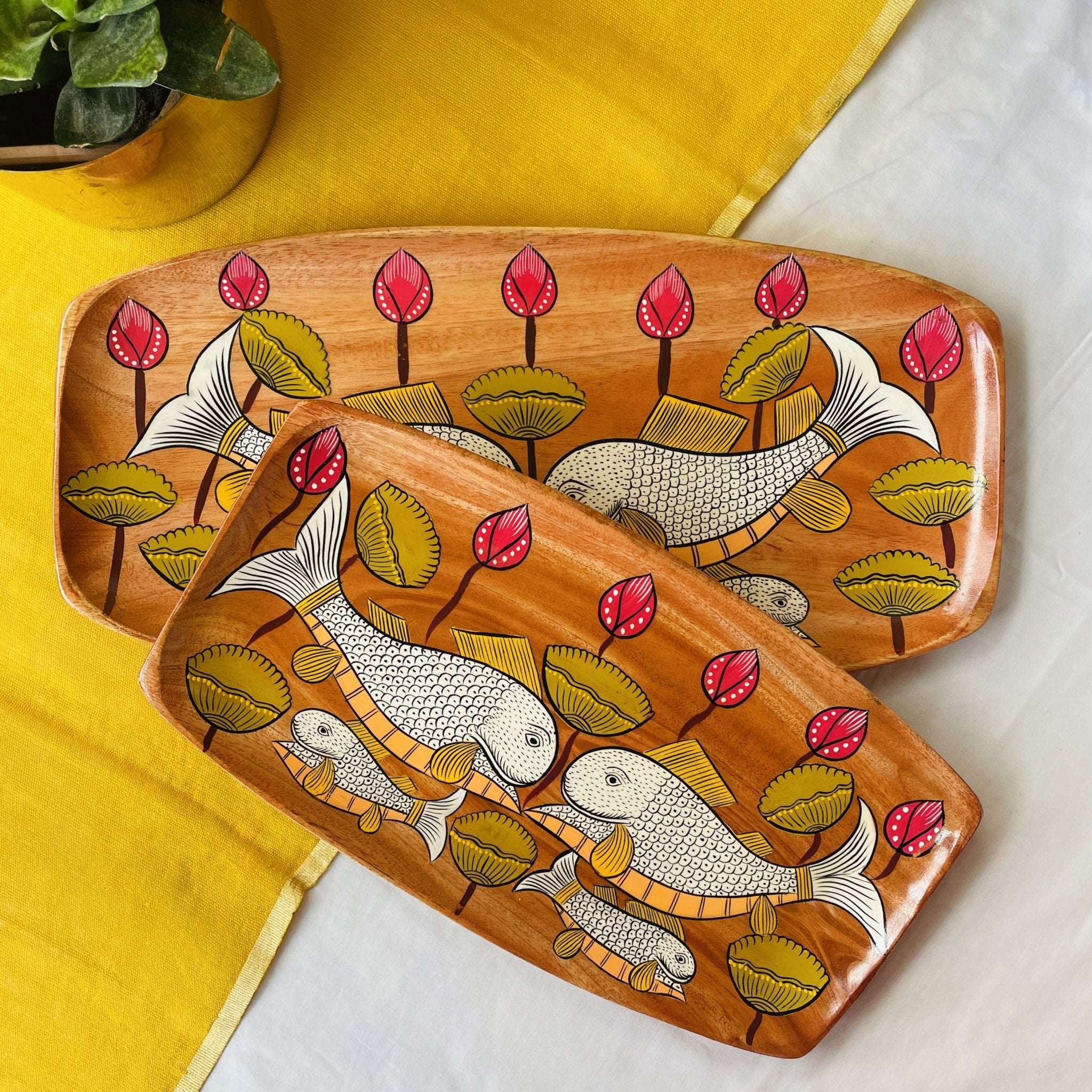 rectangular wooden trays hand painted with fish painting