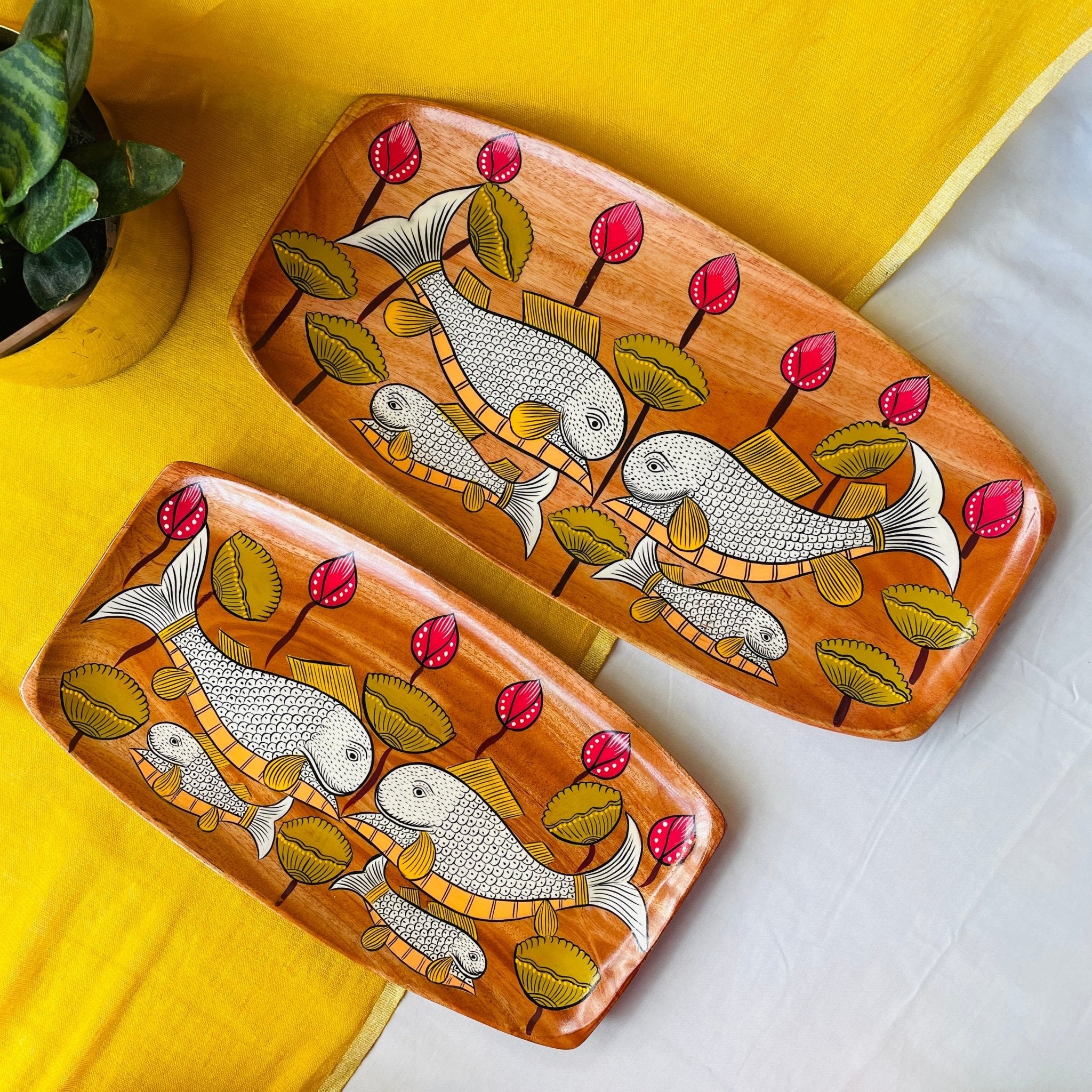 rectangular wooden trays hand painted with fish painting