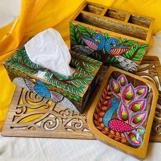 Rupshi Hamper 2 | Rectangle Wooden Platter X Multipurpose Desk Organiser X Wood Tissue Box