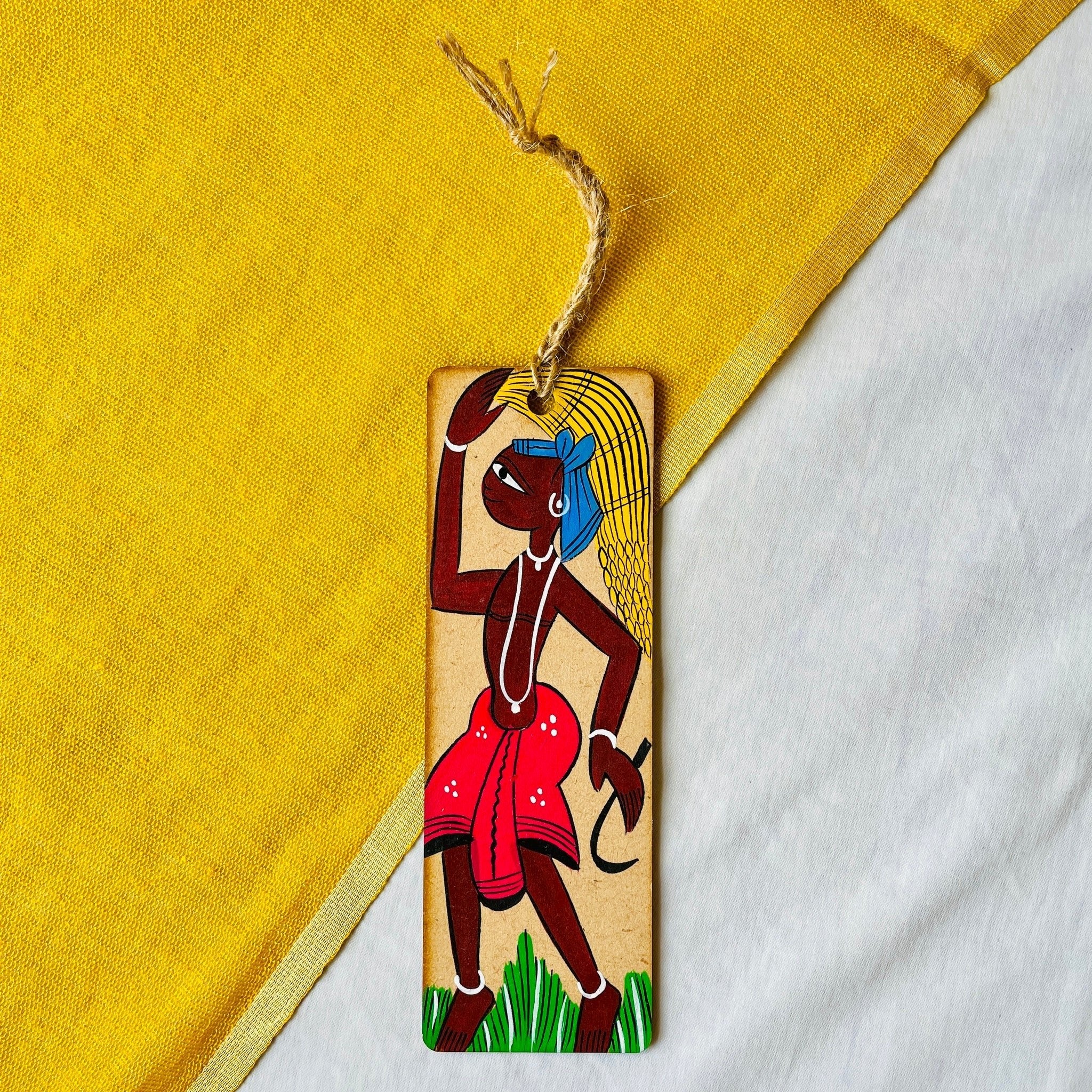 Rectangle wooden bookmark with tribal paintings