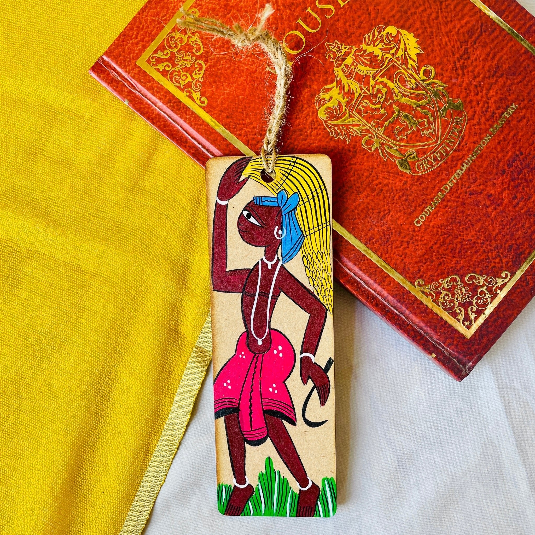 Rectangle wooden bookmark with tribal paintings