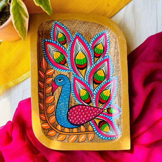Rectangular wooden tray or trinket tray made from locally sourced mango wood and hand-painted with Indian folk art, Pattachitra peacock motif by the generational Pattachitra artists of Pingla